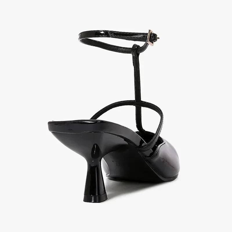 Fashion Black Patent Leather Ankle-Wrap Pumps Women Sexy Pointed Toe Heeled Sandals Elegant Slingbacks Mules Heels Summer Designer Shoes