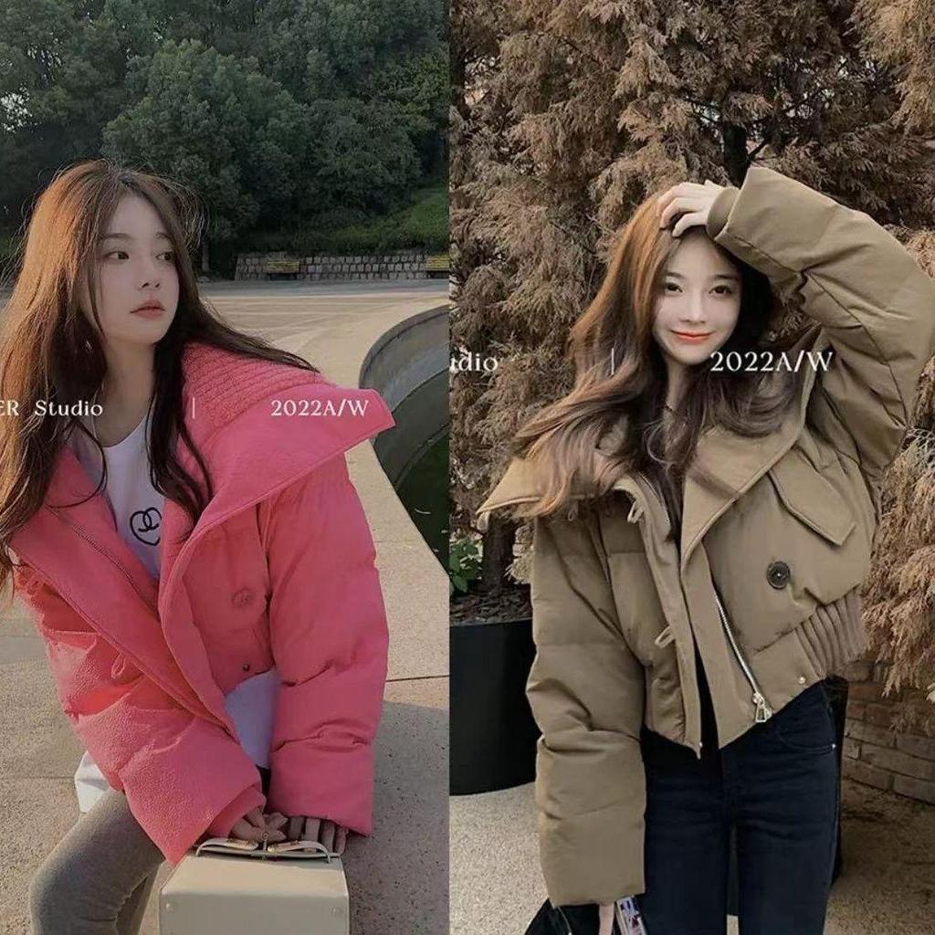 Women's Knitted High Neck Petite Winter Down Jacket - Trendy White Duck Down Streetwear Coat