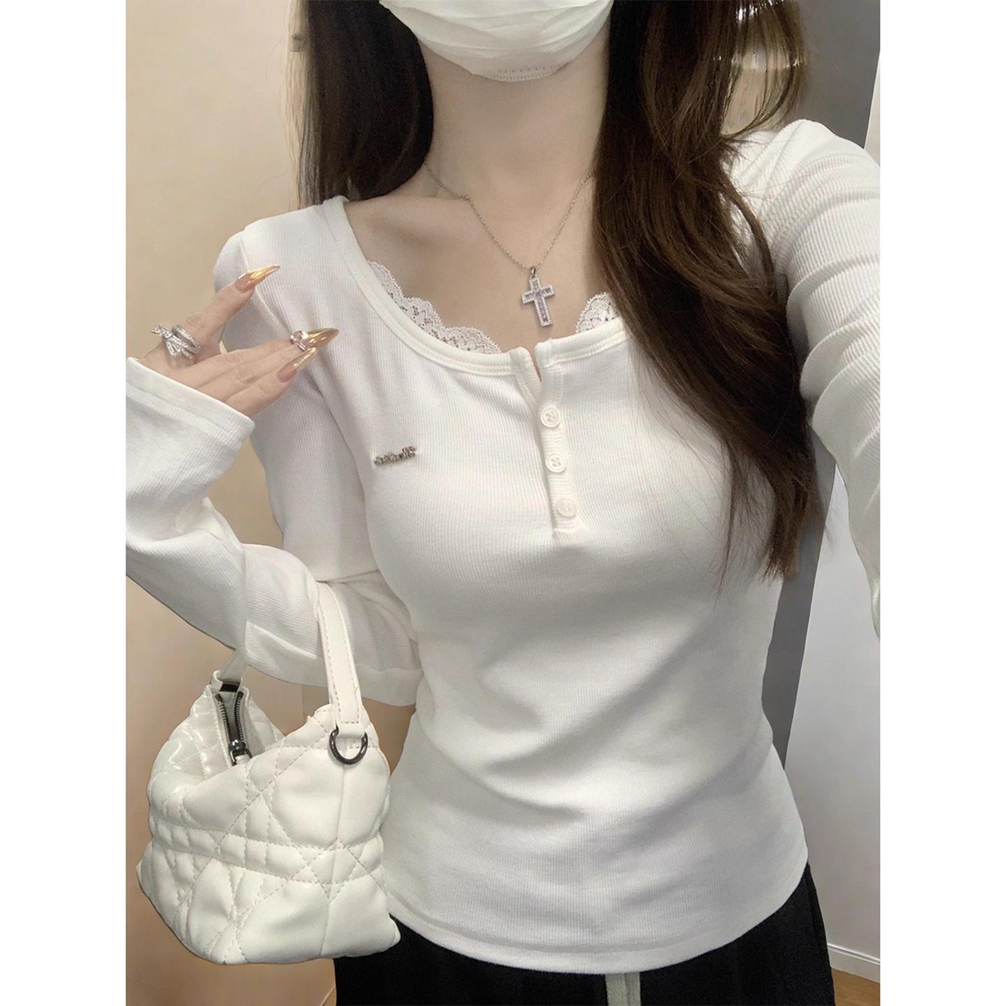 

Sweet big neckline u-neck lace splicing autumn and winter new shirt with T-shirt women XL білий