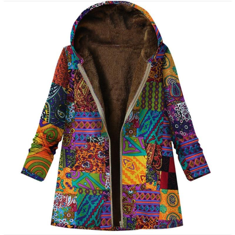 YYFS Moda Femenina Casual Estampado Color Block Otoño Invierno Manga Larga Chaquetas y Abrigos con Capucha