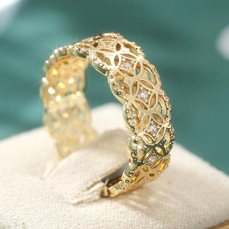 Minimalist Inlaid White CZ Women's Ring Trendy CopperColor Hand Carving Hollow Daily Wear Party Jewelry Anniversary Gift