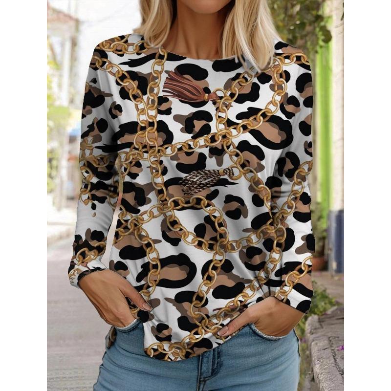 Spring And Autumn Long Sleeve Lip Print Leopard Printed T-Shirts Women Basic Casual Tops Female Loose Round Neck Tees Clothing