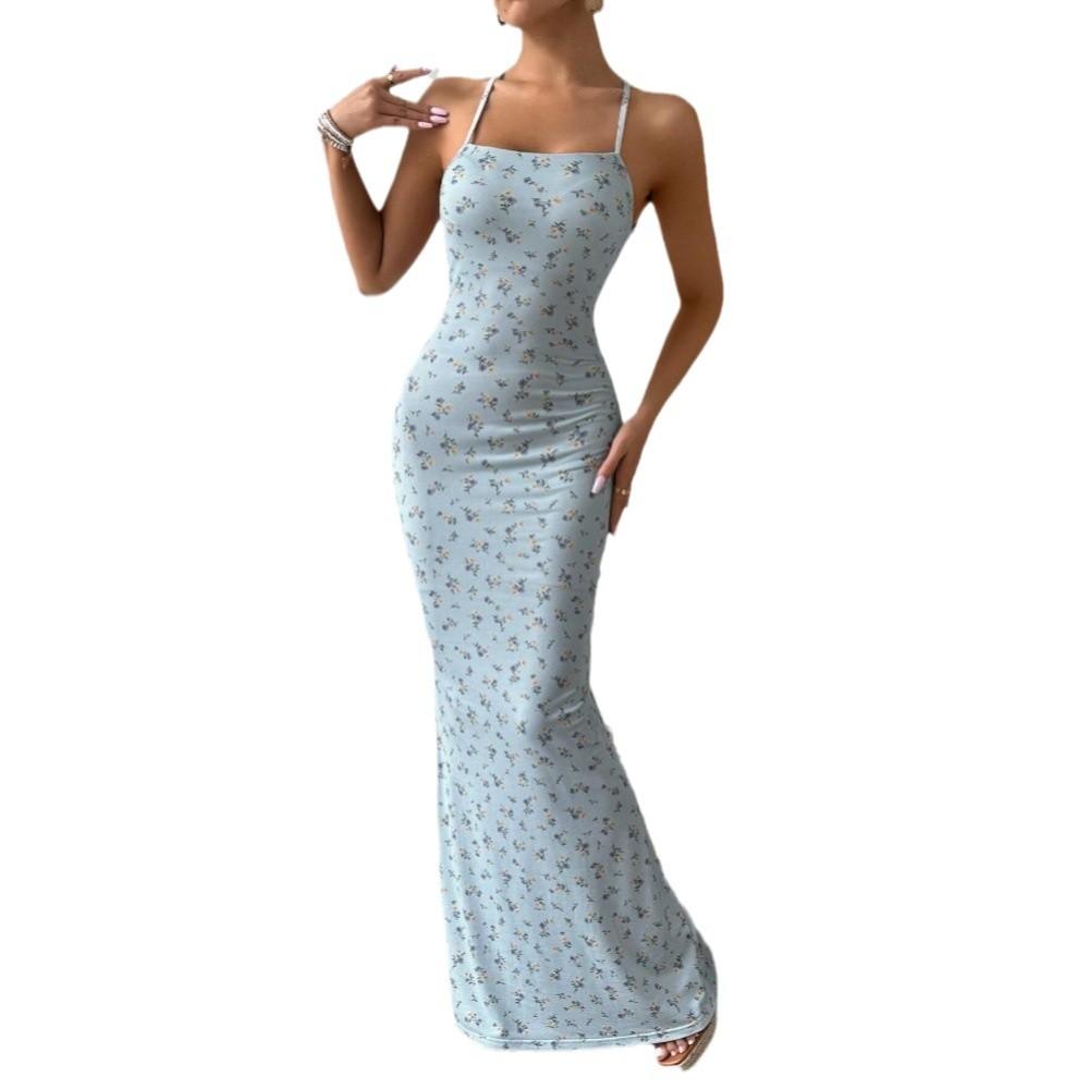 2026 spring and summer sweet floral suspender dress halterneck backless slim long skirt seaside vacation dress