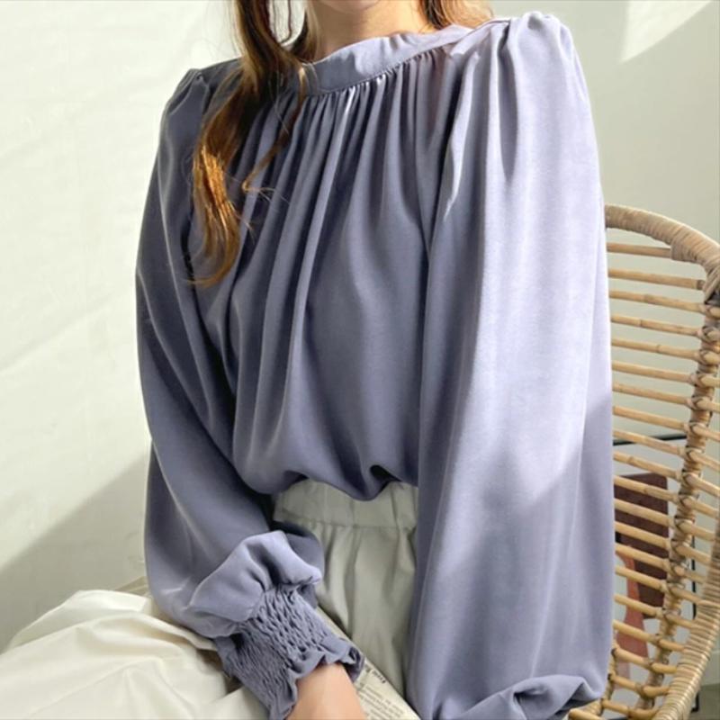 Spring New Vintage Loose Puff Sleeve Blouses Women Elegant Fashion Solid Casual Chiffon Shirt Women Simple Slim Pullover Blouse Woman Clothing 26567