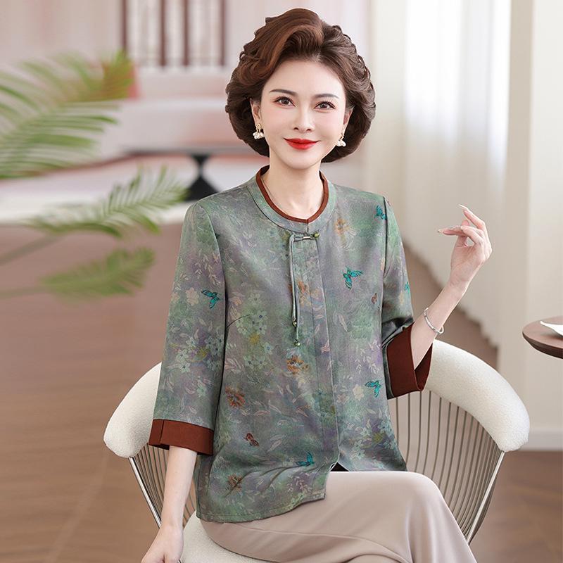 

Chinese Style Summer Loose Three-Quarter Sleeve Shirt for Middle-Aged and Elderly Women XL (Up to 95 lbs)
