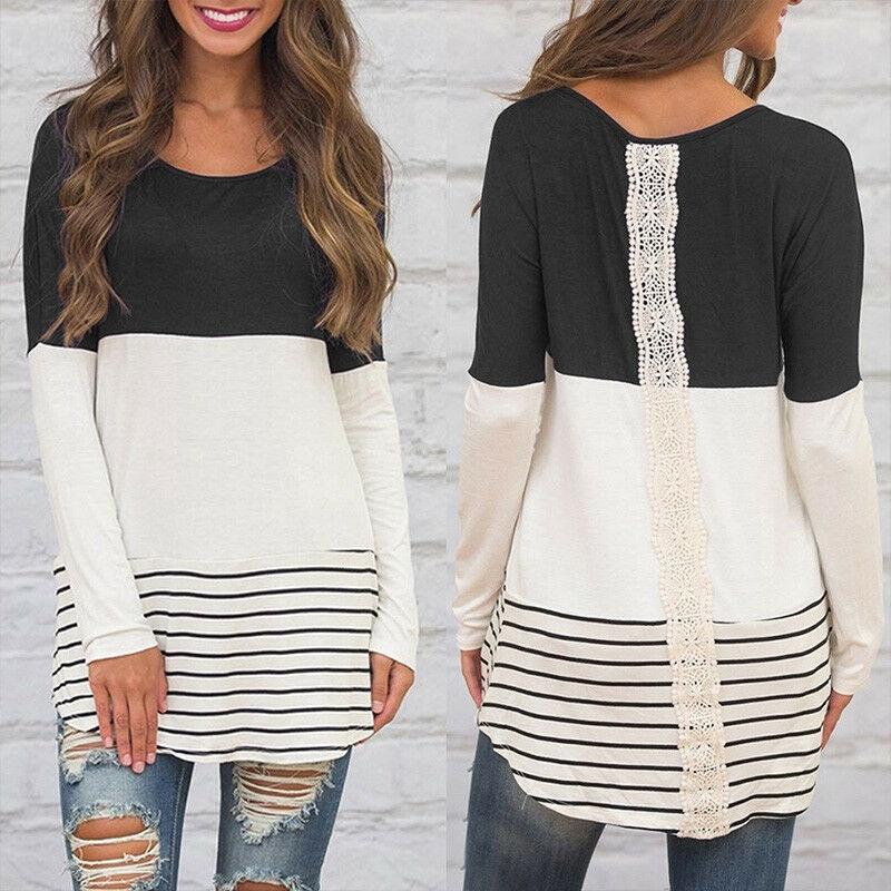 Elegant Women Striped Long Sleeve T Shirt Round Neck Casual Sweatshirt Blouse