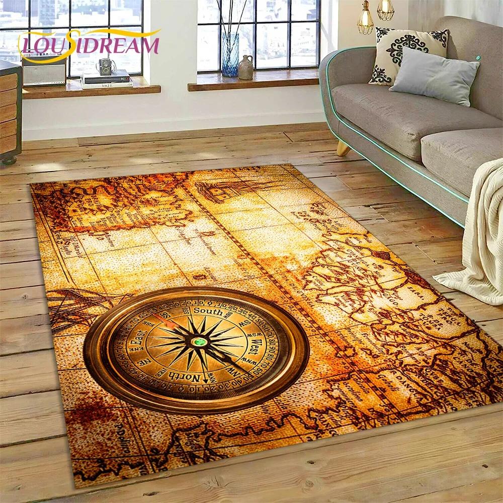 3D Oude Zeekaart Wereldkaart Kompas Tapijt Tapijt voor Slaapkamer Woonkamer Bank Decoratie, Kinderspel Grote Decoratieve Vloermat