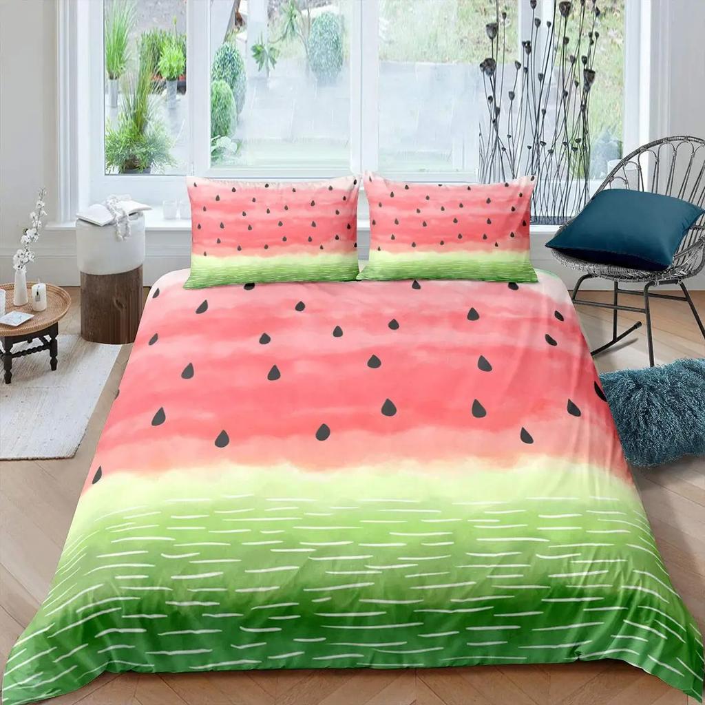 3D Print Watermelon Duvet Cover Summer Black And Green Stripes Fruit Bedding Set Girly Watercolor 2-3Pcs Polyester Quilt Cover