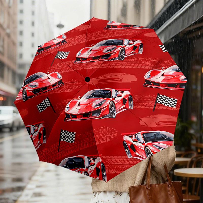 1 Stück Rennwagen Karomuster Fahnen Design Automatisches Öffnen und Schließen Regenschirm, Hochwertiger Reise Regenschirm, c1128003
