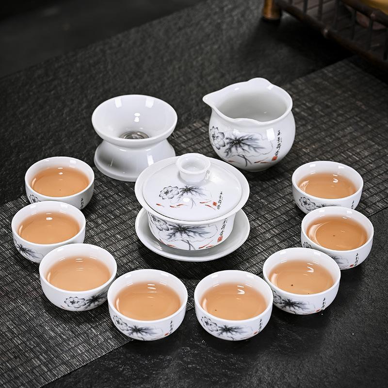 Dehua white porcelain tea set company annual meeting full set of kung fu ceramics business activities gifts blue and white porcelain
