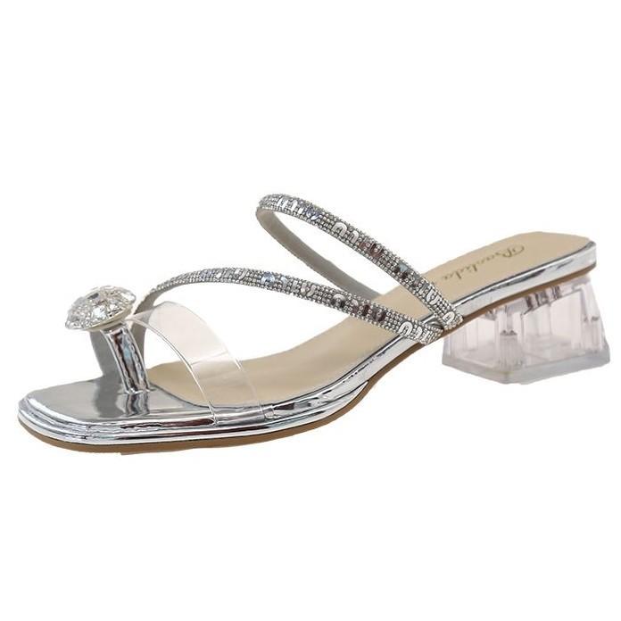 Summer new 2025 crystal sandals with skirt wear high-heeled thick-heeled women's rhinestone cool slippers