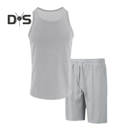 2Pcs/Set Men Sportswear Waffle Fabric Solid Color O-Neck Sleeveless Vest Elastic Waist Wide Leg Shorts Suit Casual Wear