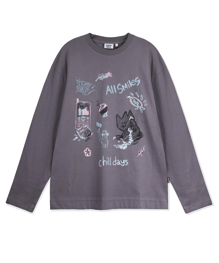 WACKY WILLY Kiki Multi-Graphic Long Sleeve T-Shirt Charcoal
