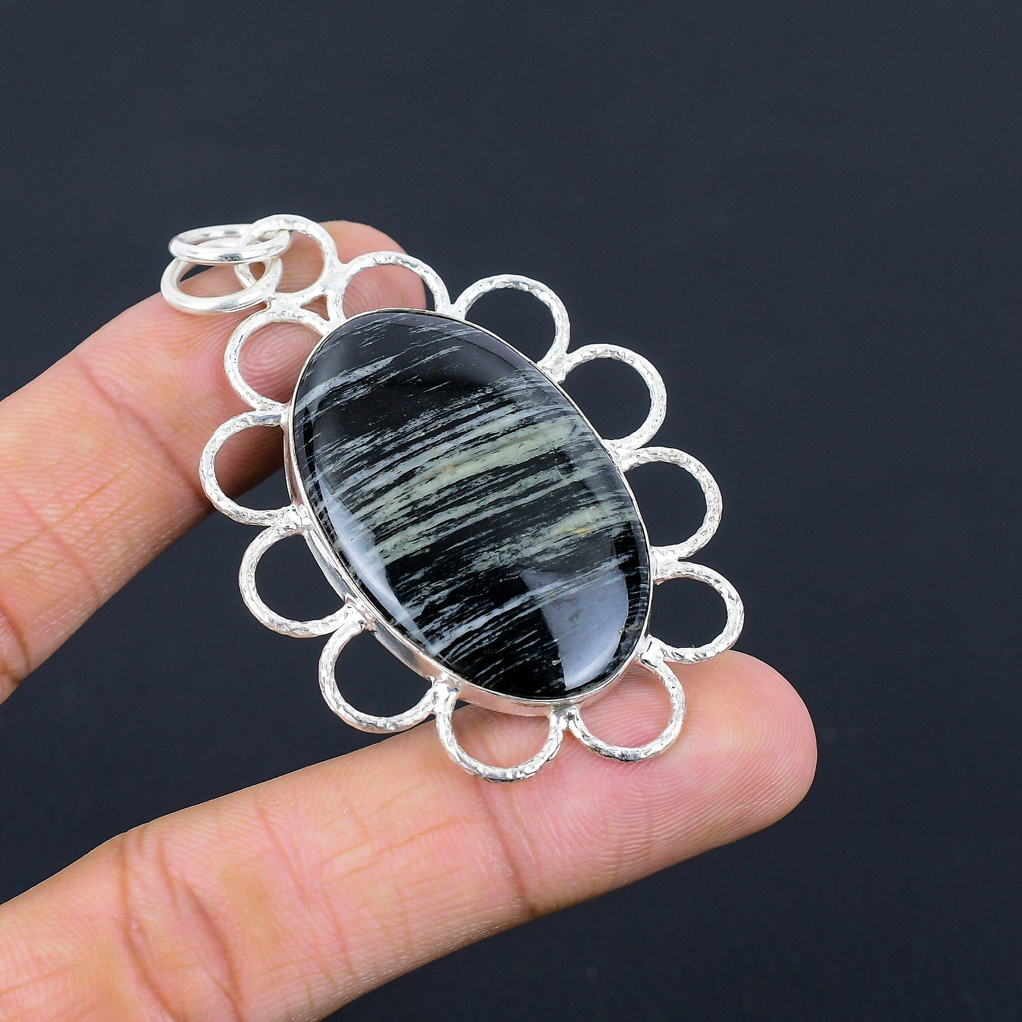 

Natural Silver Leaf Jasper Gemstone Pendant 925 Sterling Silver Indian Jewelry