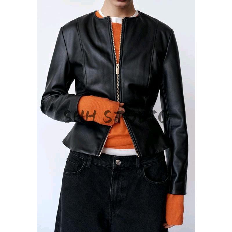 Women's Spring Clothing Fashion Style Short Skirt Hem Poly Urethane Leather Round Neck Long Sleeves Jacket Outwear 3046069