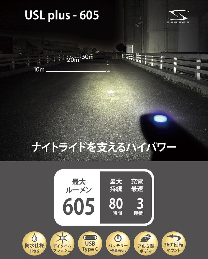 SERFAS USL Bicycle LED Headlight with Aluminum Body and Rechargeable Battery plus-605 (605 lumens) USB-C