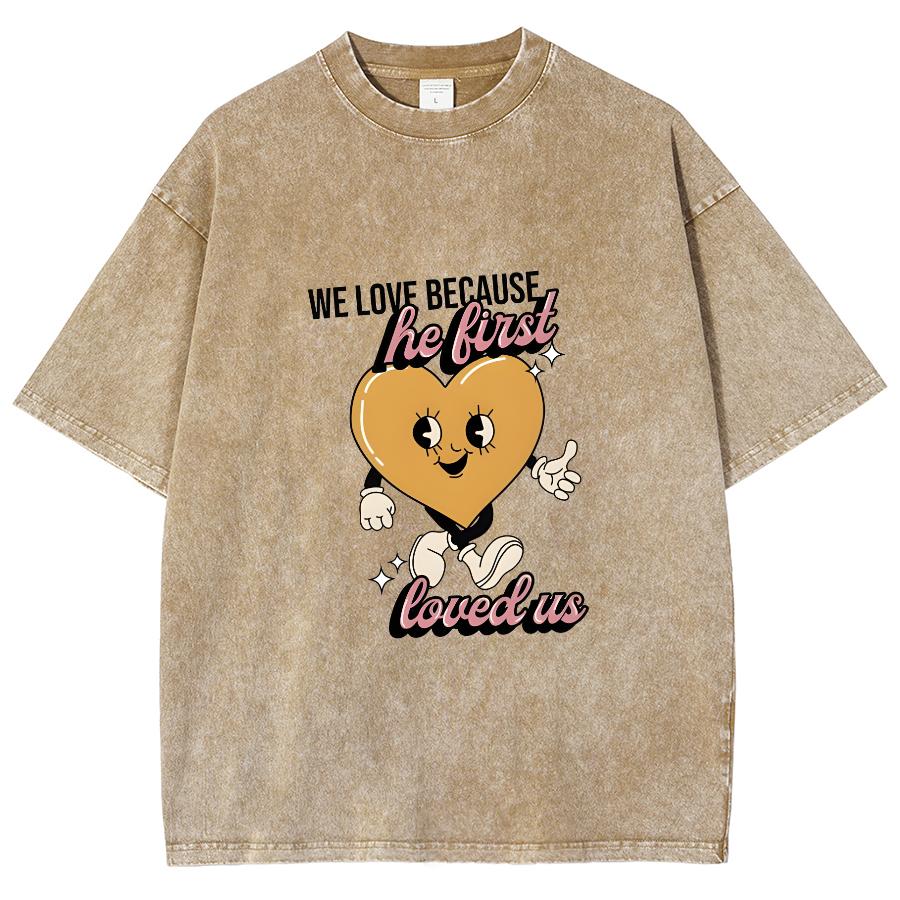 Yellow Cartoon Love Print Women's Washed T-Shirt Oversized Breathable Unisex Half Sleeve Cute Design Sense Top