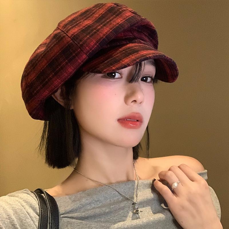 Vintage Red Plaid Cloud Beret Hat For Women Summer Casual Fashion Accessory