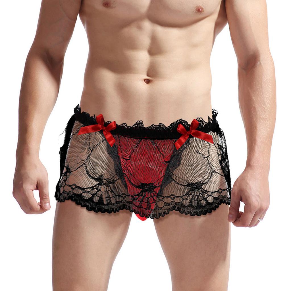Men's Sissy Lace Skirted T-Back Frilly Bowknot Decor Crossdresser Underwear Lingerie