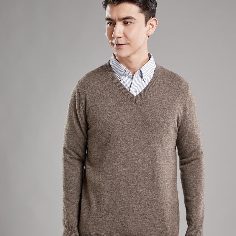 Men's 100% Pure Wool V-Neck Sweater, New Autumn/Winter Business Casual Soft Knit, Long-Sleeve Base Layer.