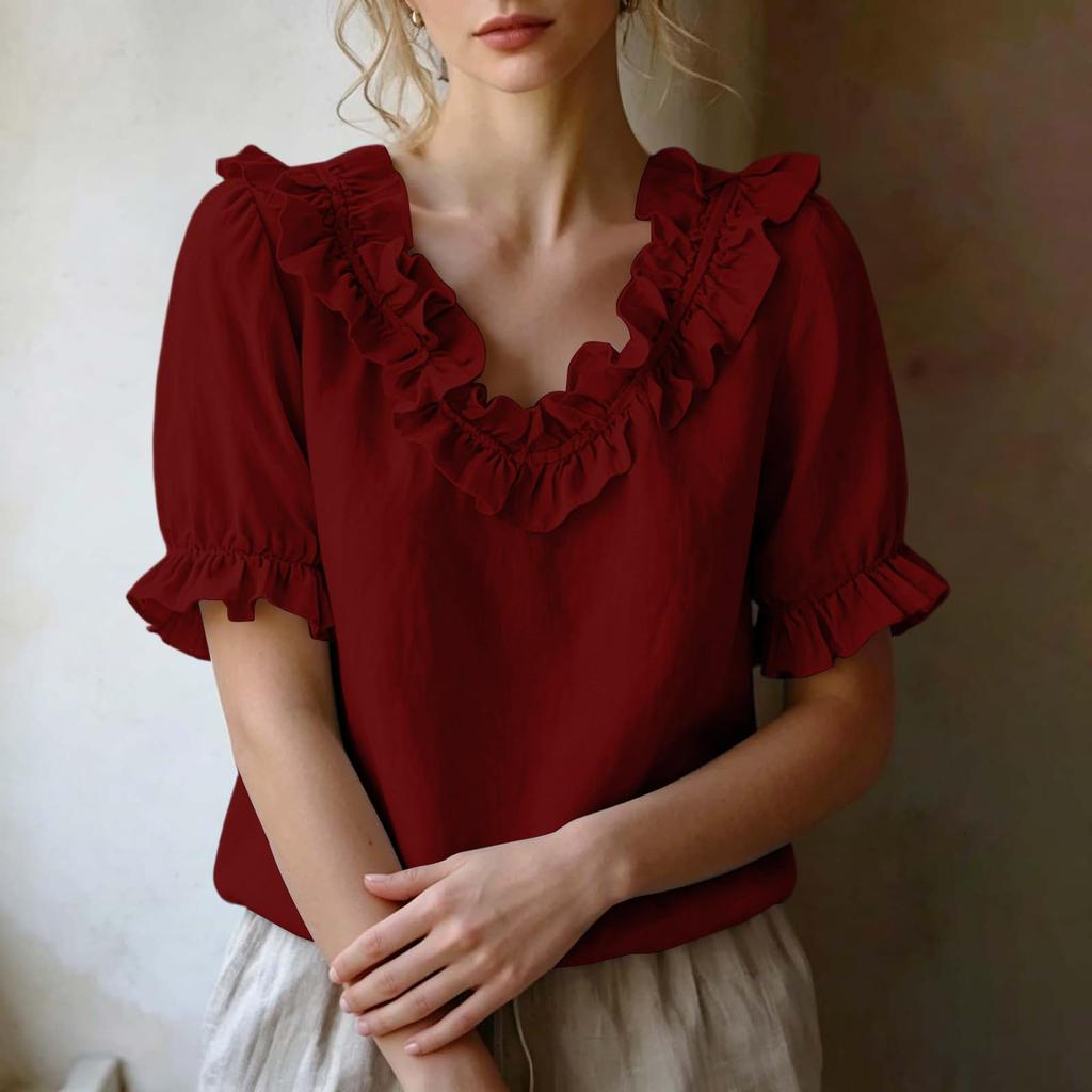 Women's Casual Short Sleeve V-Neck Ruffled Blouse Pullover Top - Fashion Summer Tee for , Date, or Daily Wear