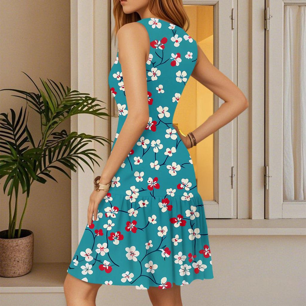 Women's Dress V-neck Sleeveless Casual Floral Print Hem Pleated Dress
