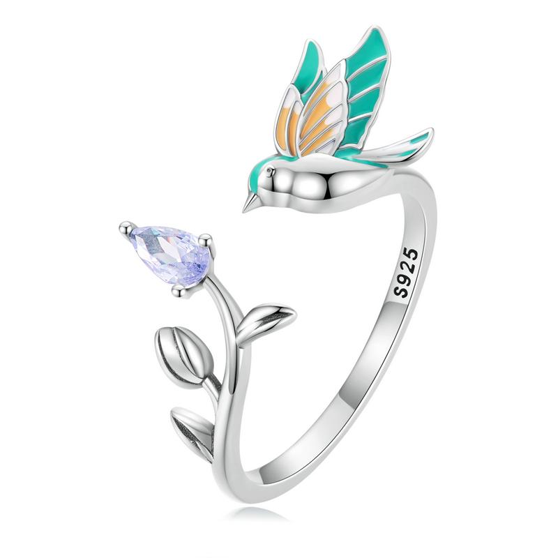 WOSTU 925 Sterling Silver Hummingbird Open Ring Colorful Enamel Bird Adjustable Rings With Zircon Eyes Nature Jewelry for Women