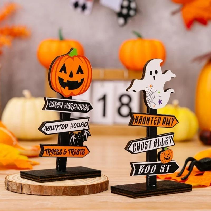 Halloween Wooden Tabletop Directional Sign Ghost Pumpkin Bat Freestanding Table Ornament Spooky Centerpiece Decor for Dining Table Party Holiday Gift