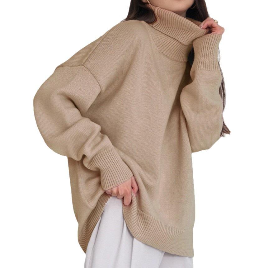 Maglione da donna autunnale e invernale a tinta unita con collo alto comodo Maglione primaverile a tinta unita lavorazione a maglia larga