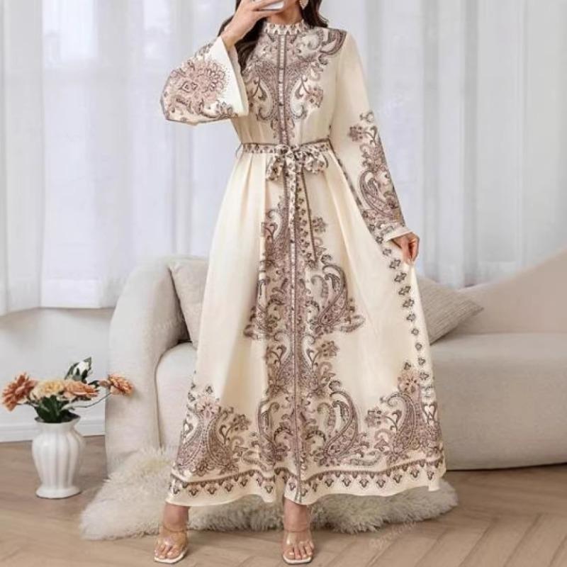 Nouă vânzare fierbinte - haină stil curte cu guler înalt și mâneci clopot rochie lungă cu imprimeu retro și margine ondulată