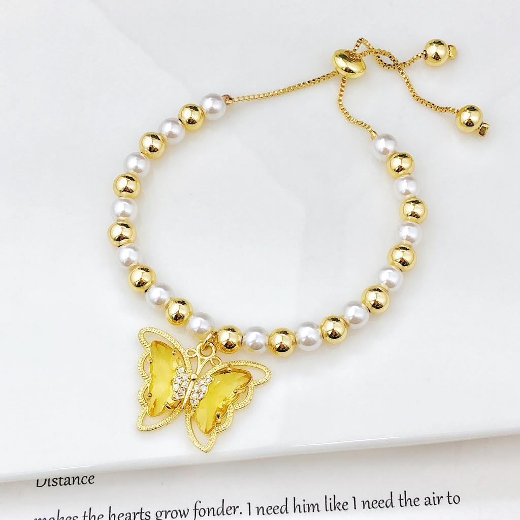 Luxury Butterfly Crystal Zircon Copper Bead Pearl Chain Bracelet Charming for Women Girls Daily Party Wrist Jewelry Wholesale