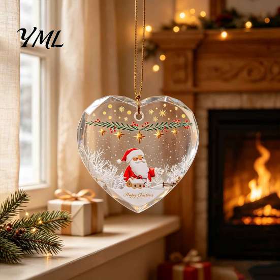 Seasonal Home Decor Items Heart Shaped Christmas Ornaments, Crystal Santa Winter Scene Hanging Ornament, Transparent Holiday Romantic Space