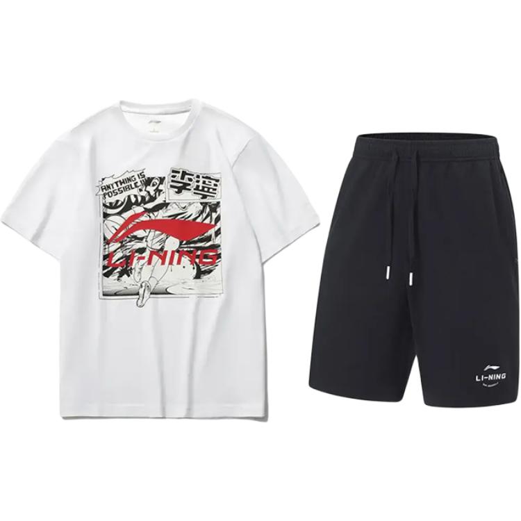 

Li-Ning Мультяшный принт логотипа, пуловер с круглым вырезом, футболка с коротким рукавом, модный, удобный, универсальный, шорты, повседневный спортивный комплект AHSUA21-1+AKST543-3 XL