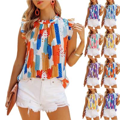 Women's Sleeveless Round Neck Colorful Printed Chiffon Shirt