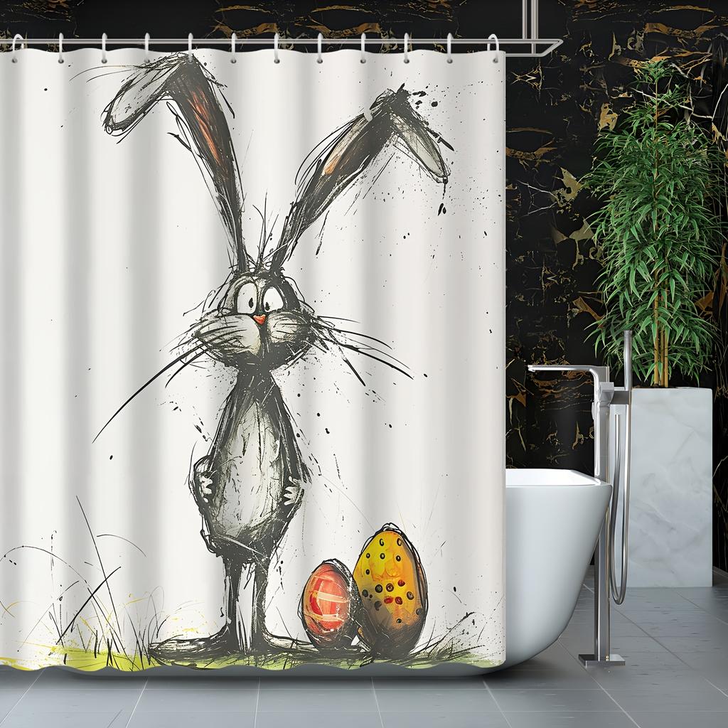 1pc Shower Curtain - Whimsical Easter Bunny with Decorated Eggs Design Waterproof