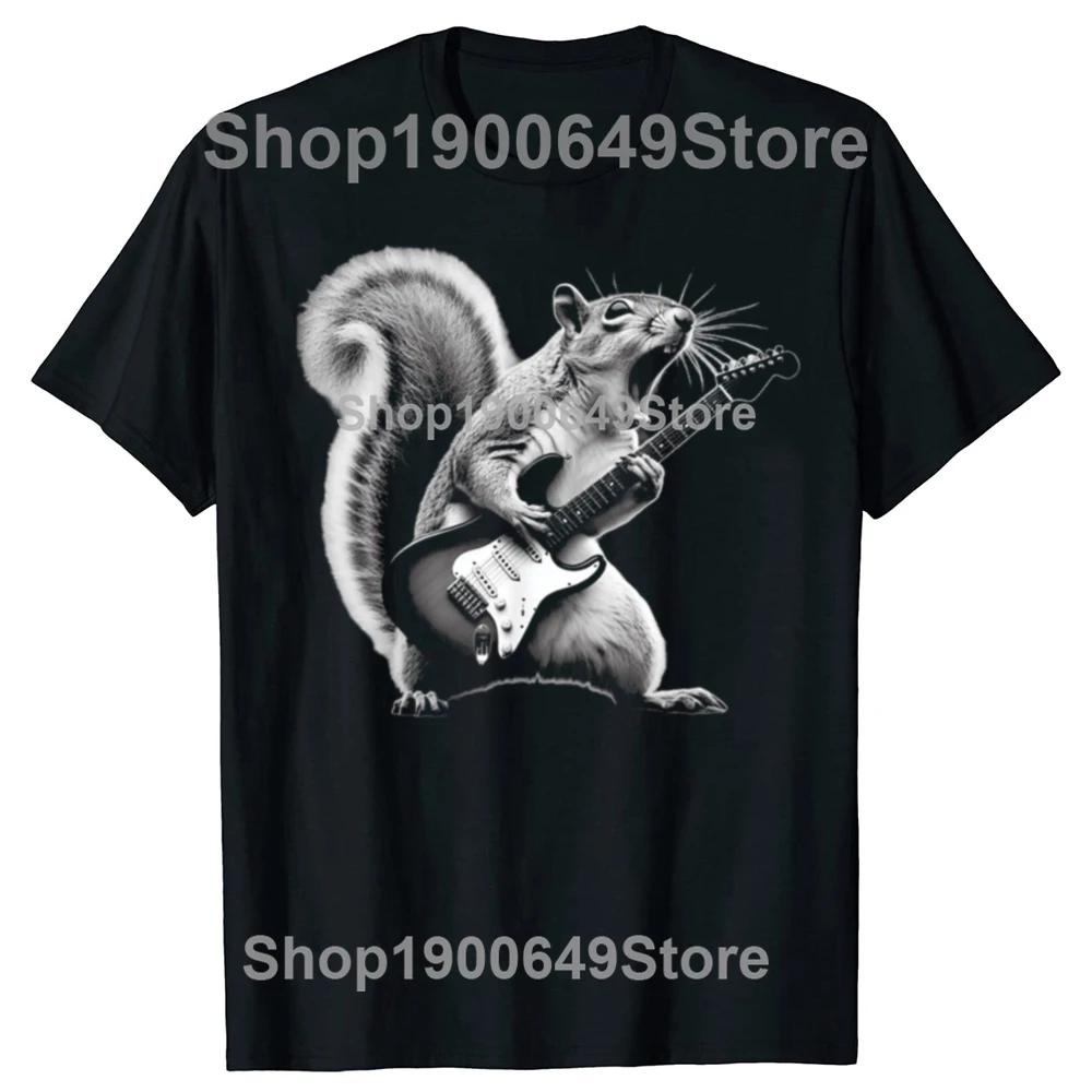 Funny Squirrel Playing Guitar Rock and Roll T-shirt Men Women's Fashion Casual Tshirt 100% Cotton Loose Oversized T Shirt Summer