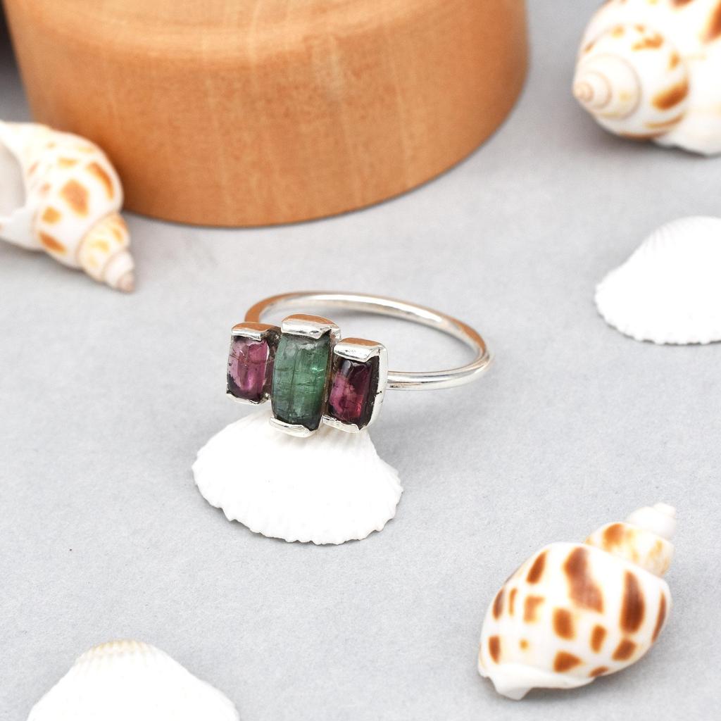 Anello Baguette in Argento Sterling 925 con Pietra Naturale Multi-Tormalina 9 US Regalo