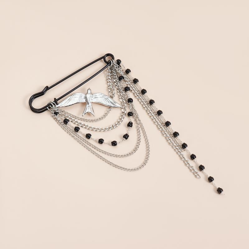 Swallow Black Beaded Tassel Multi-Layer Chain Brooch For Women Clothes Jewelry Accessries Gifts