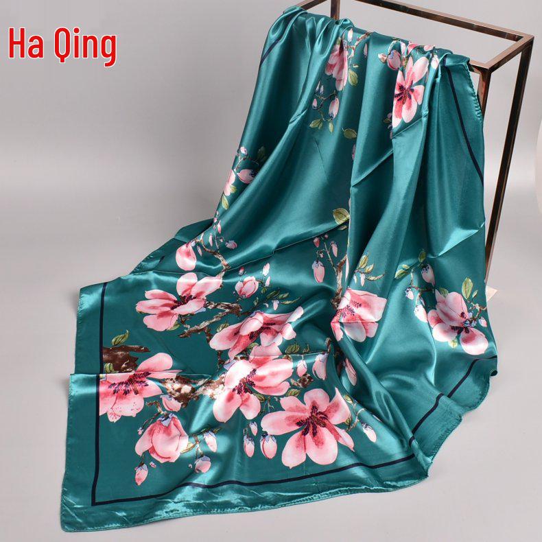 

Японский и корейский шелковый платок с принтом «Цветы персика», большой квадратный 90cm x 90cm светло-синий