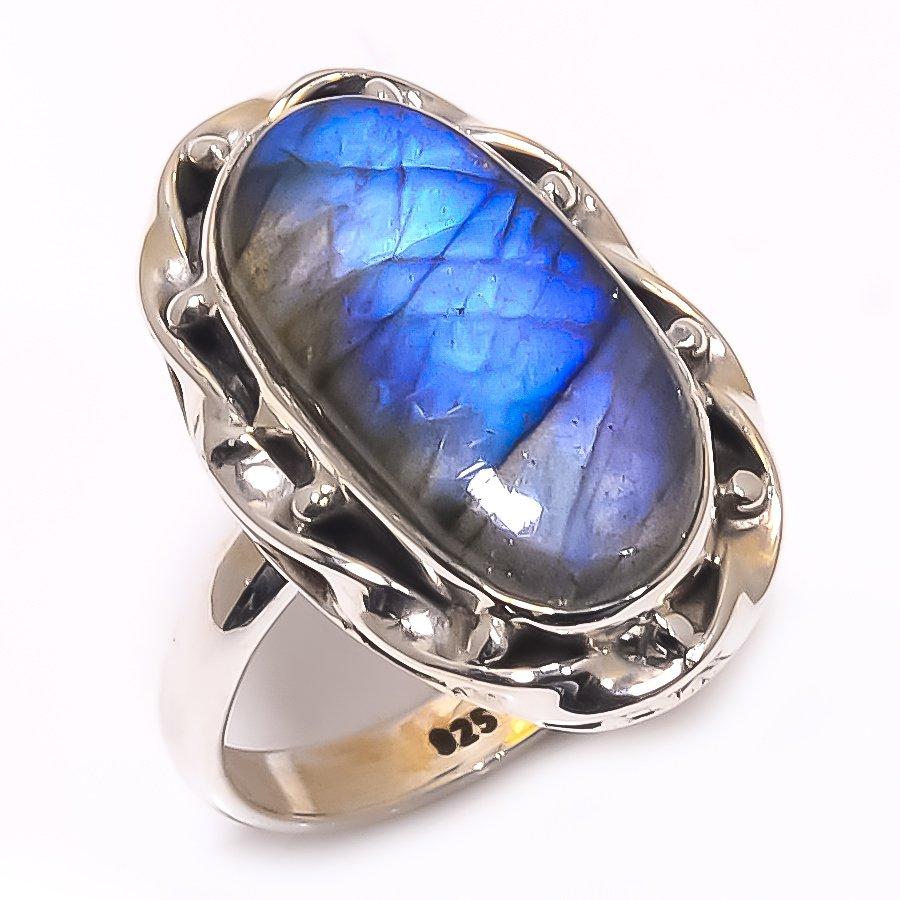 Natural Labradorite Gemstone Handmade 925 Solid Sterling Silver Ring Size 7 d7Y26
