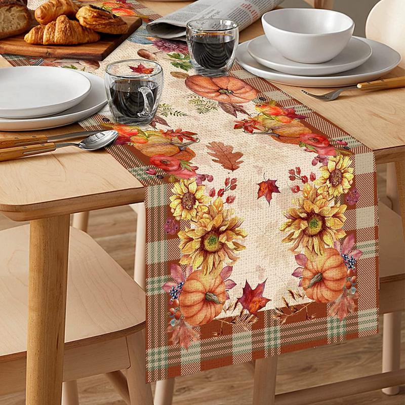 Autumn Table Table Flag Home Kitchen Decoration Pumpkin Sunflower Plaid Cafe Restaurant Rustic Farm Linen Table Table Flag