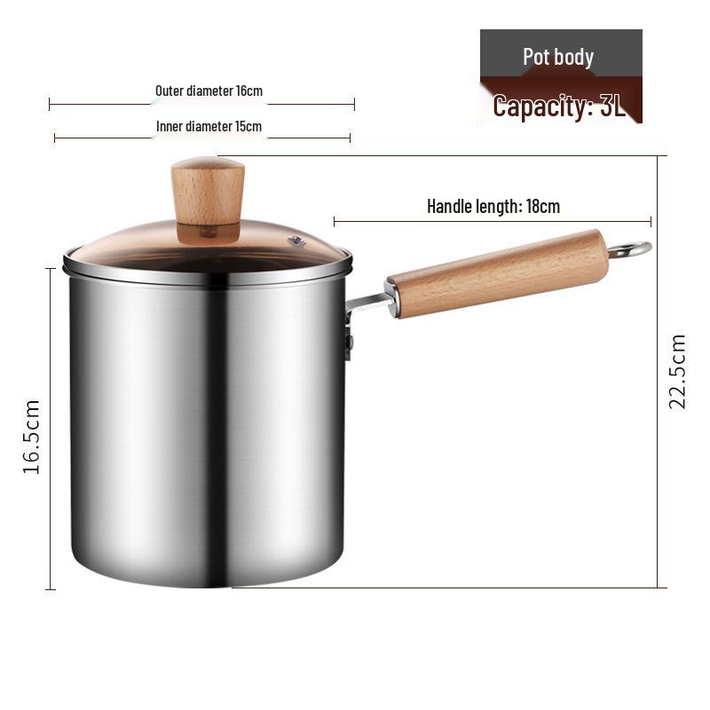304 Stainless Steel Milk and Fry Pot with Wooden Handle and Filter Basket, Induction Compatible, Oil-Saving Deep Pot for Soup and Skewers.