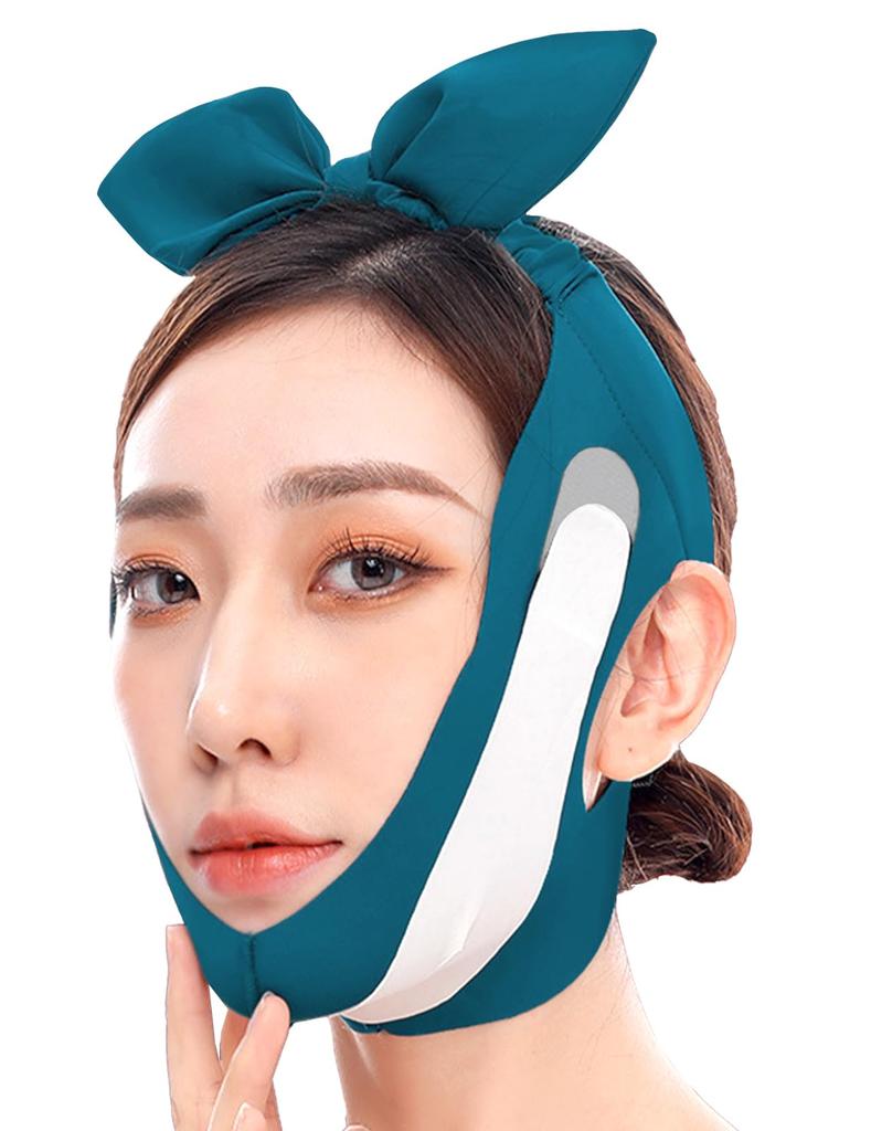 Cute face belt for a slimmer Stays put and stays in Features a cute ribbon for preventing and ribbon-adorned face. place. lifting, sagging,