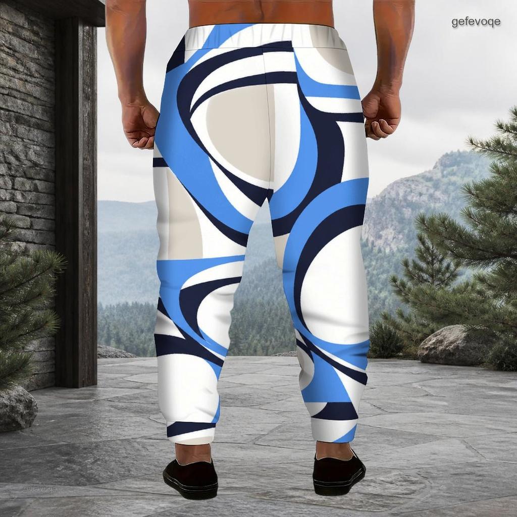 Men s Plus Size Black White Geometric Printed Drawstring Cuffed Ankle Jogger Pants With Side Pockets