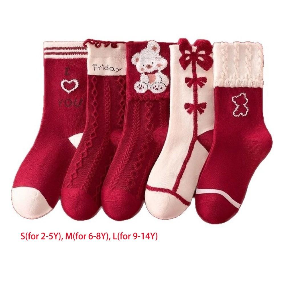 Red Color Mid Calf Socks Soft Cotton Cartoon Pattern Socks Cozy Holiday Socks  For Girls