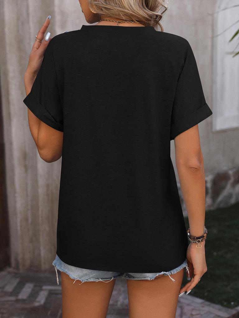 2024 Damen V-Ausschnitt Knopf Einfarbig Baumwolle Locker Kurzarm T-Shirt - Frühling/Sommer Kollektion