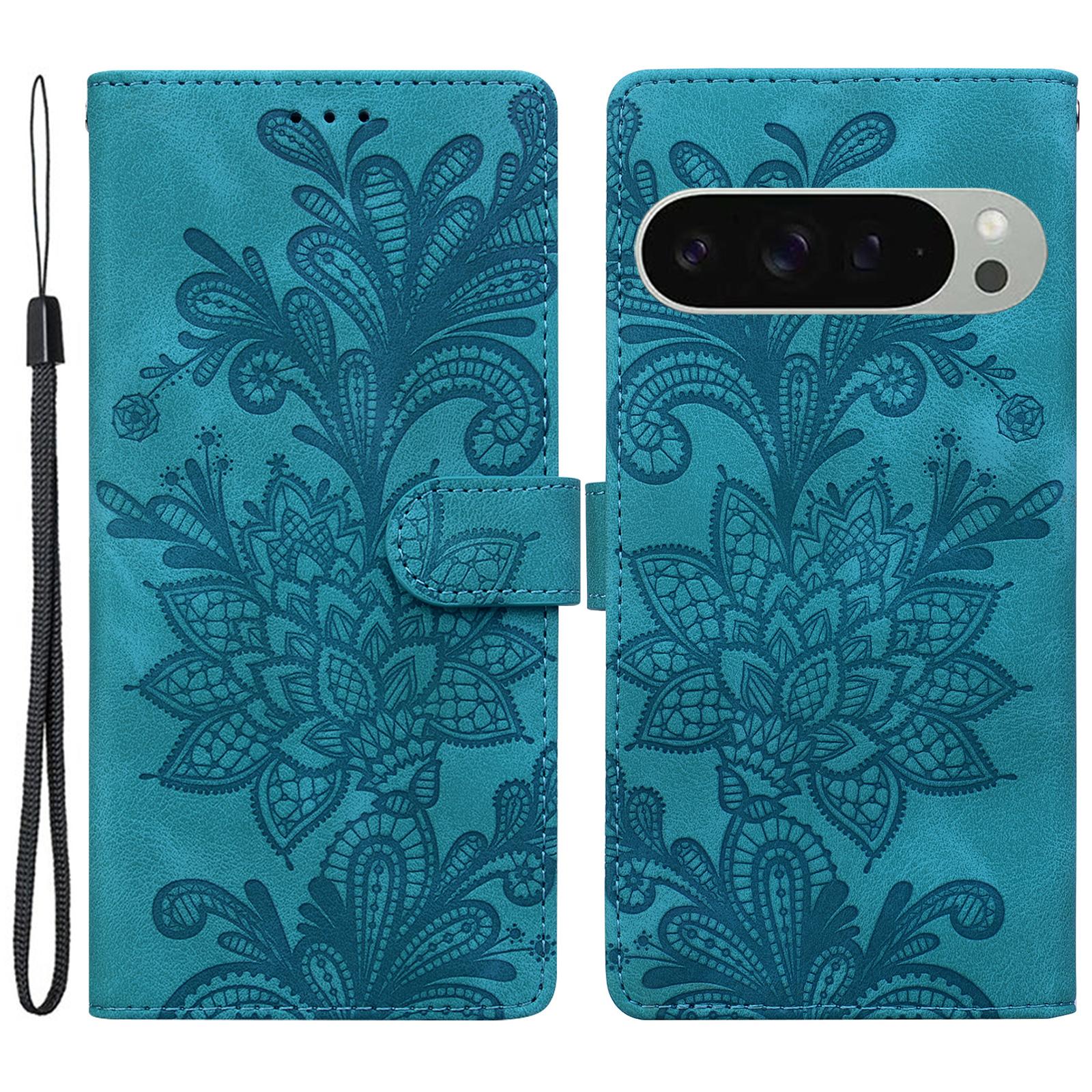 

For Google Pixel 9 Pro/Pixel 9 Case Imprinted Lace Flowers PU Leather Wallet Phone Cover Green