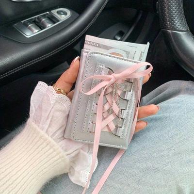 Sweet Style Lace Bowknot Short Wallet For Women Button-Up Trifold Card Holder Wallet Mini Wallet Purse Wallet Small Wallet Cute Wallet