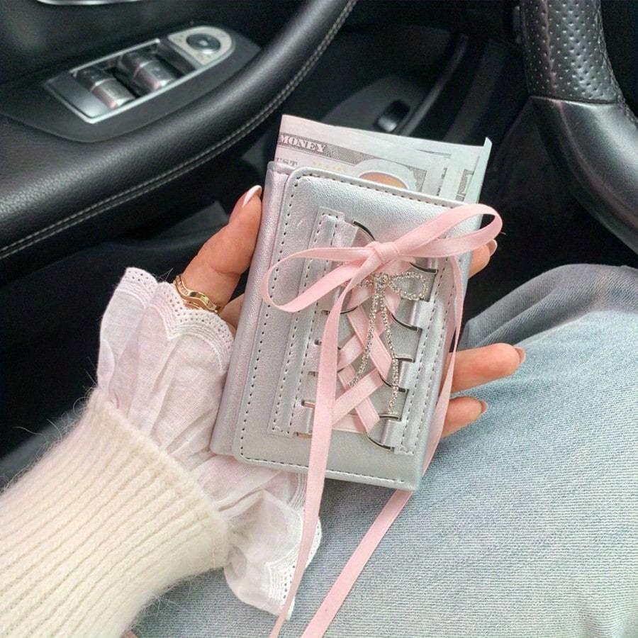 Sweet Style Lace Bowknot Short Wallet For Women Button-Up Trifold Card Holder Wallet Mini Wallet Purse Wallet Small Wallet Cute Wallet