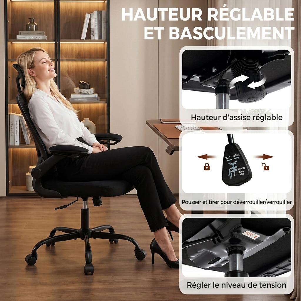 Ergonomic Office Chair, Mesh, Adjustable Lumbar Support, Headrest, 64 X 65 X 129 Cm, Black